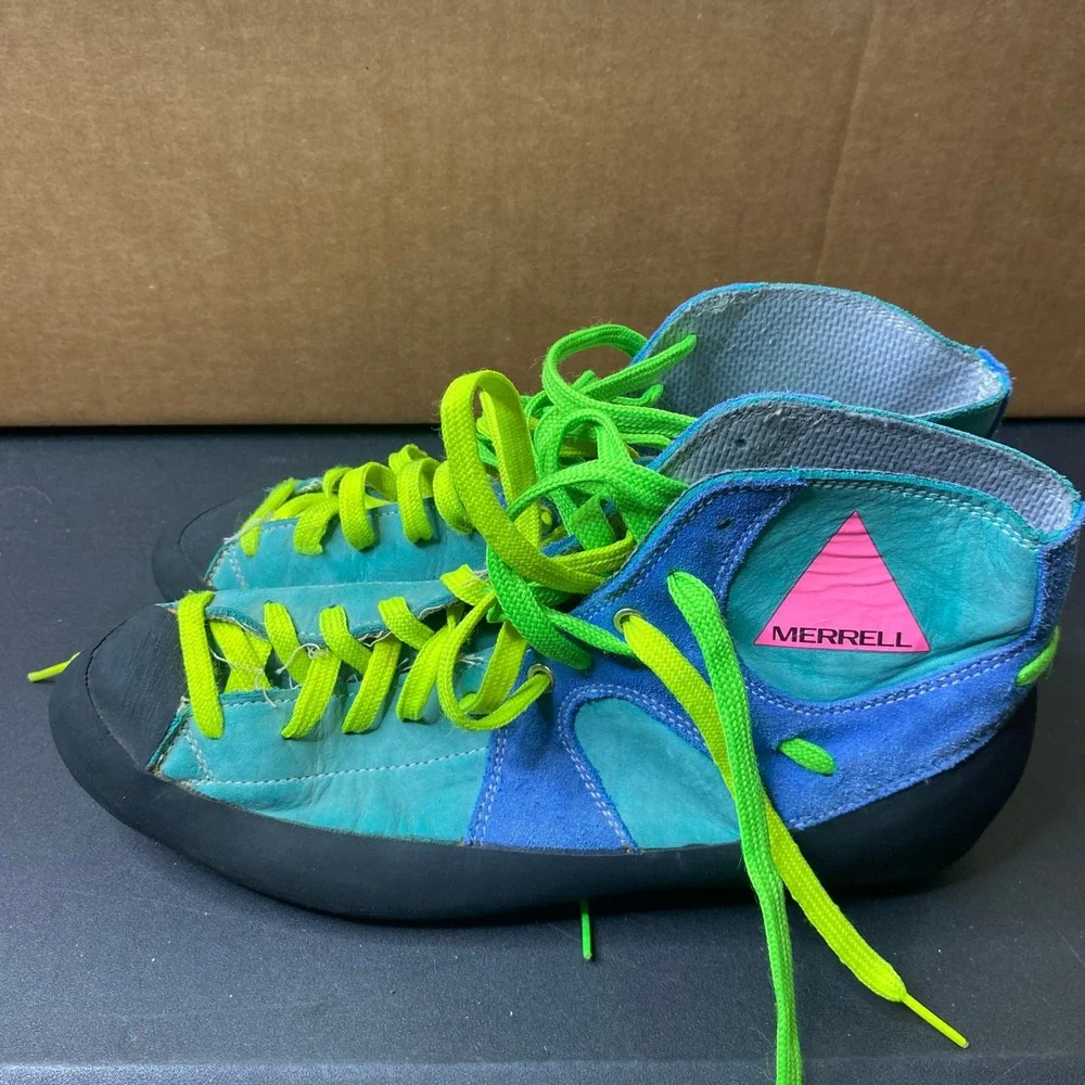 Vintage Merrell Rock Climbing Shoes Teal Blue Neon Green Pink Logo Mens 10 90s